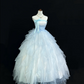 Light Blue Strapless Cinched Waist Voluminous Tiered Skirt Romantic Dress, Wedding Gown gh7925