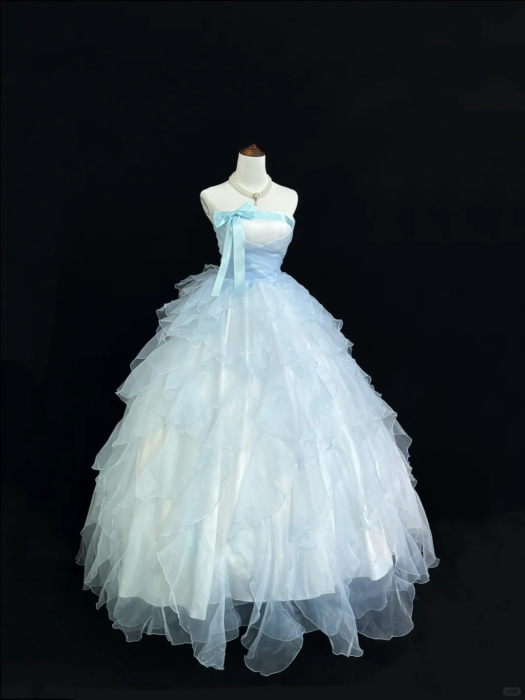 Light Blue Strapless Cinched Waist Voluminous Tiered Skirt Romantic Dress, Wedding Gown gh7925