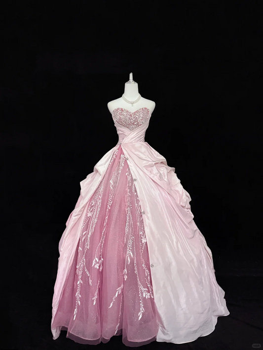Pink Color Block Strapless Cinched Waist Voluminous Princess Skirt Long Romantic Dress, Wedding Gown gh7877