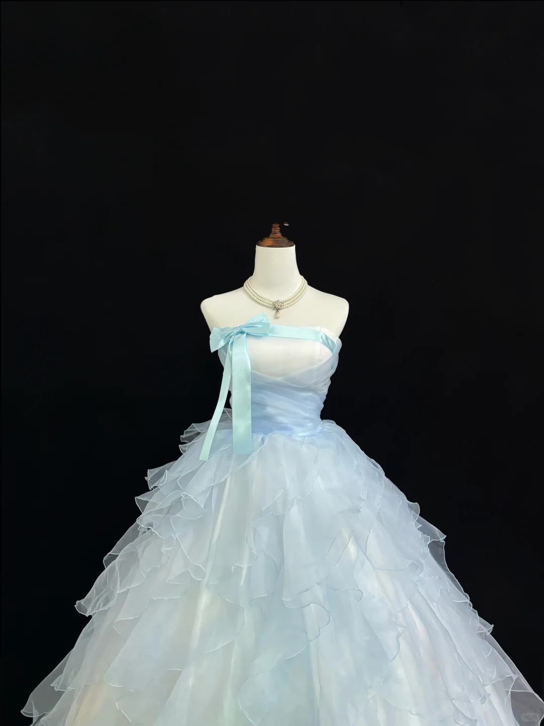 Light Blue Strapless Cinched Waist Voluminous Tiered Skirt Romantic Dress, Wedding Gown gh7925