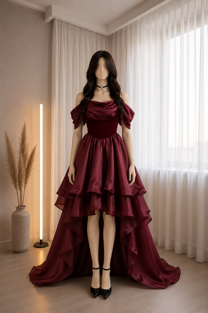 Burgundy Off Shoulder Waist-Cinched Train Skirt Elegant Prom Dress, Evening Gown gh7303