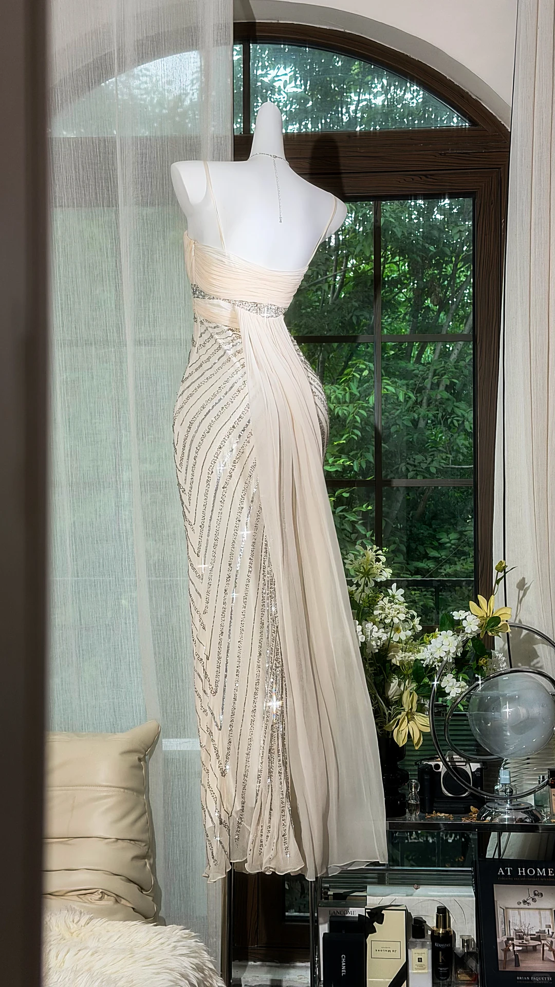 Nude Spaghetti Strap Silver Chevron Sequin Mermaid Evening Dress, Prom Formal Gown gh9510