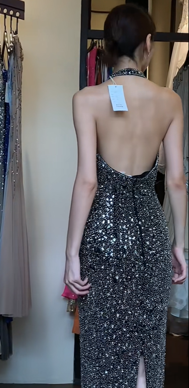 Halter Black Silver Evening Gown Full Hand Beaded Sequin Fitted Column Long Prom Dress gh9711
