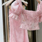 Robe deux-pièces rose en tulle à manches courtes et perles | Robe maxi élégante et luxueuse à encolure carrée découpée, idéale pour une soirée de gala gh6465