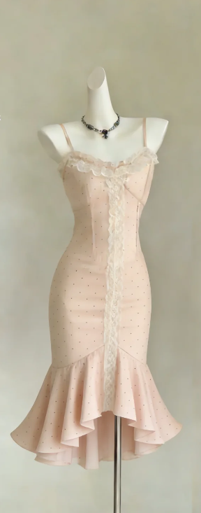 Spaghetti Strap Light Pink Polka Dot Evening Gown Lace Trim High Low Mermaid Formal Dress gh9468