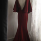 Burgundy V‑Neck Mermaid Evening Gown, Cape Flutter Sleeves Fitted Long Mermaid Formal Party Dress gh9104