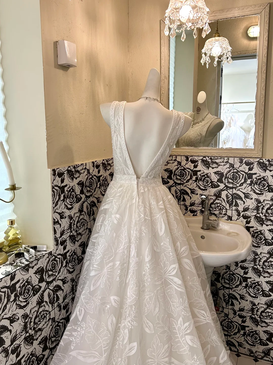 Ivory V-Neck Waist-Cinched Fitted Printed Full Flared Premium Vintage Romantic Dress, Wedding Gown gh7575
