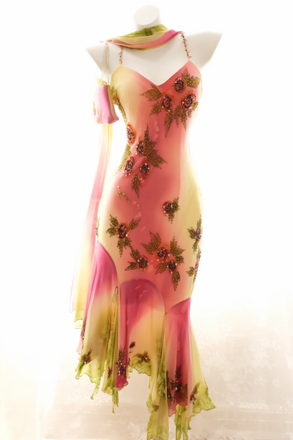 Women Vintage Ombre Chiffon Long Formal Dress Spaghetti Straps Sweetheart Neck Hand-Beaded Floral Irregular Ruffle Hem Evening Gown gh9575