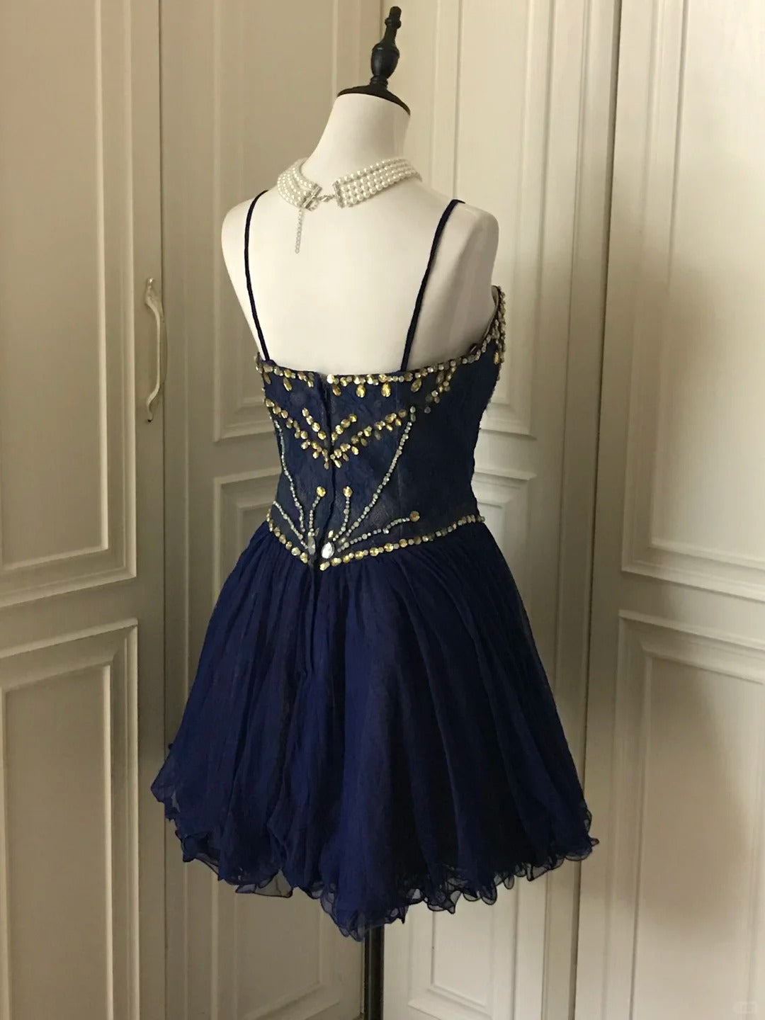 💙Dark blue shiny retro princess short homecoming dress beaded tulle ball gown evening dress gh4393