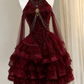 Burgundy Halter Waist-Cinched Tiered Ruffle Ball Gown, Birthday Party Prom Dress gh7304