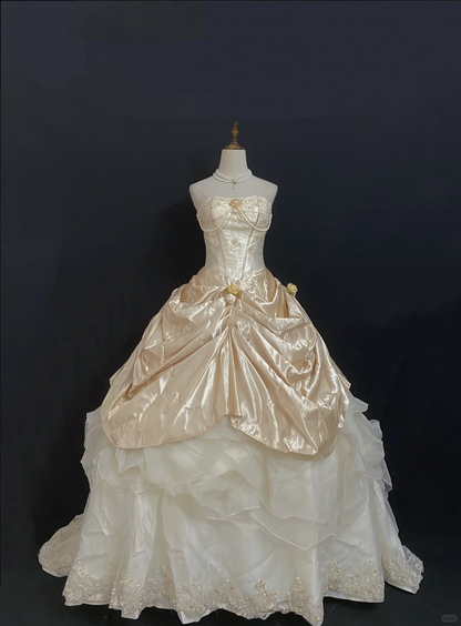 Champagne Strapless Romantic Gown, Cinched Waist, Voluminous Princess Skirt, Wedding Dress & Bridal Gown gh8277