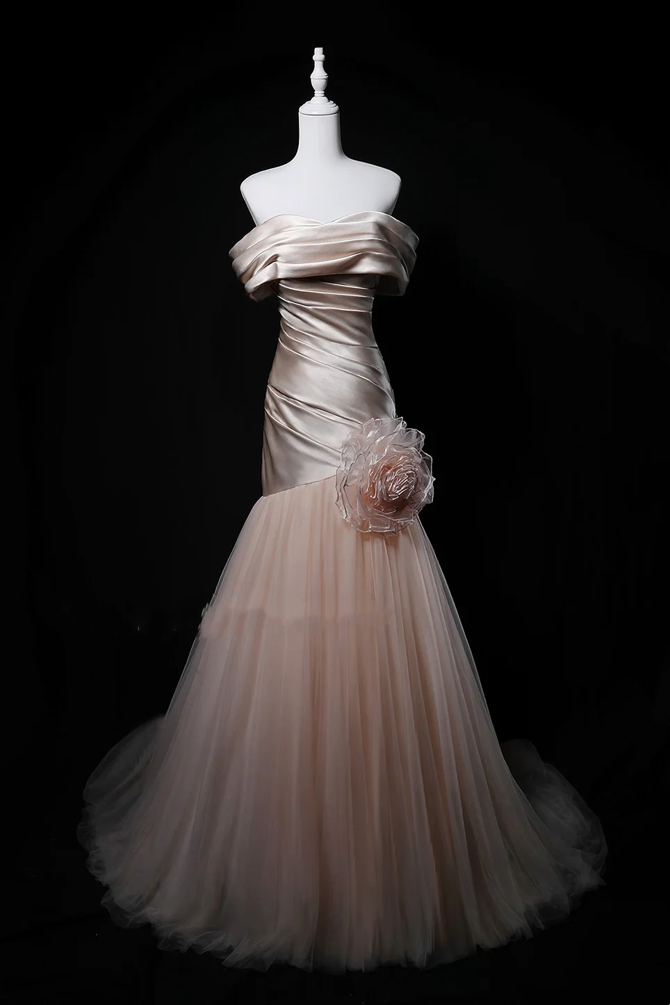 Light Champagne Pink Off Shoulder Waist-Cinched Fitted Elegant Evening Dress, Fairy Gown, Romantic Gown gh7466