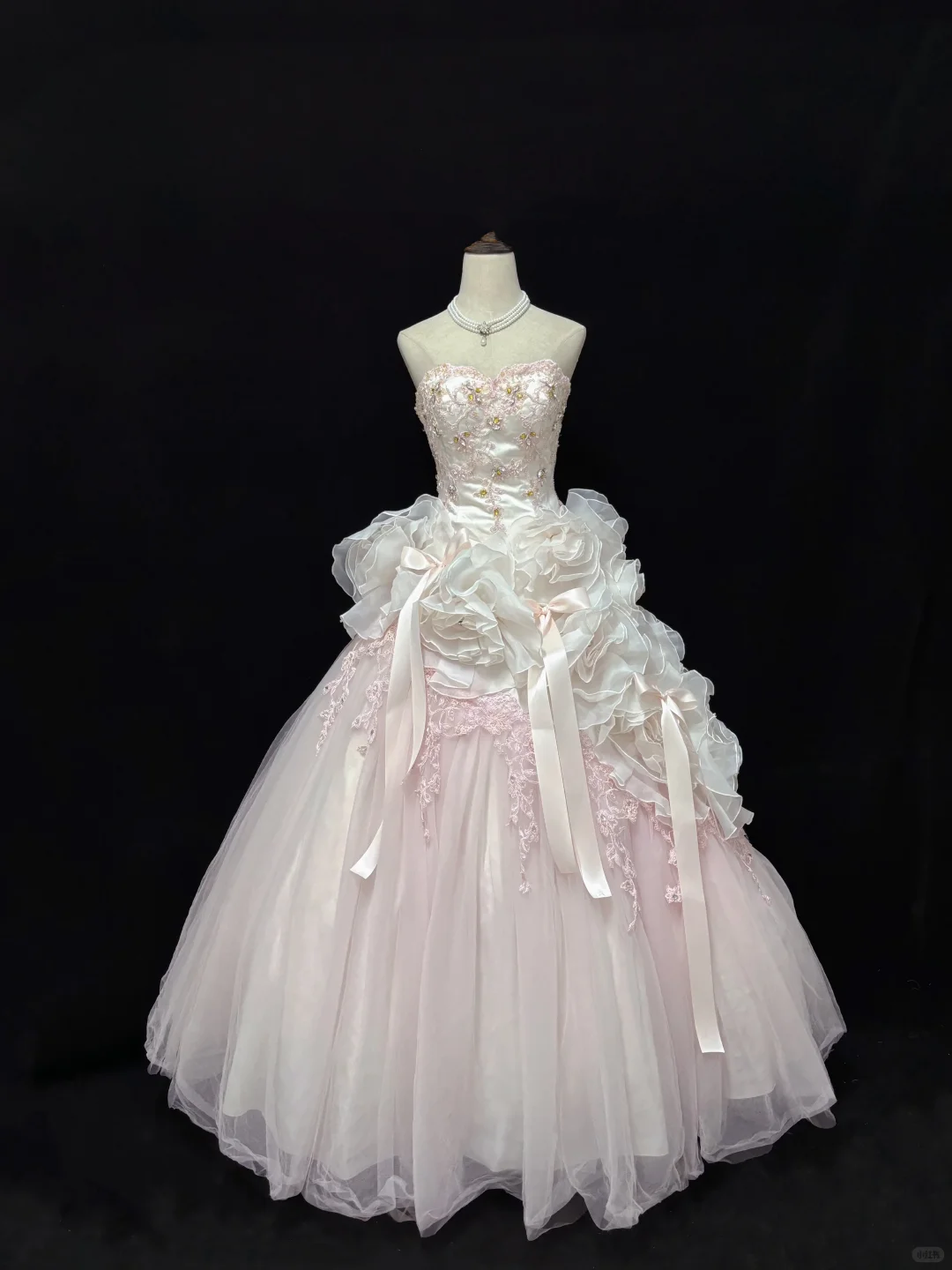 Blush Pink Strapless Gown With Floral Details & Voluminous Skirt, Luxury Romantic Wedding & Bridal Dress gh8186