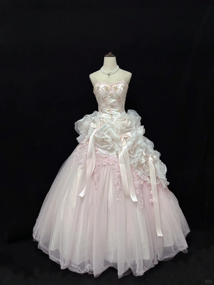 Blush Pink Strapless Gown With Floral Details & Voluminous Skirt, Luxury Romantic Wedding & Bridal Dress gh8186