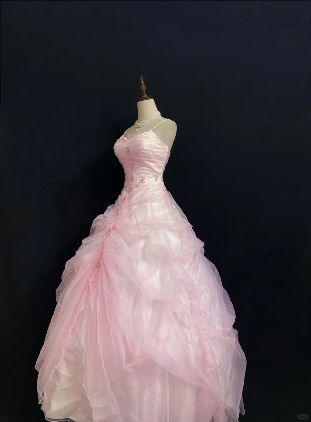 Light Pink Spaghetti Strap Long Romantic Gown with Fitted Waist and Fluffy Princess Skirt, Wedding Dress & Bridal Gown gh8327