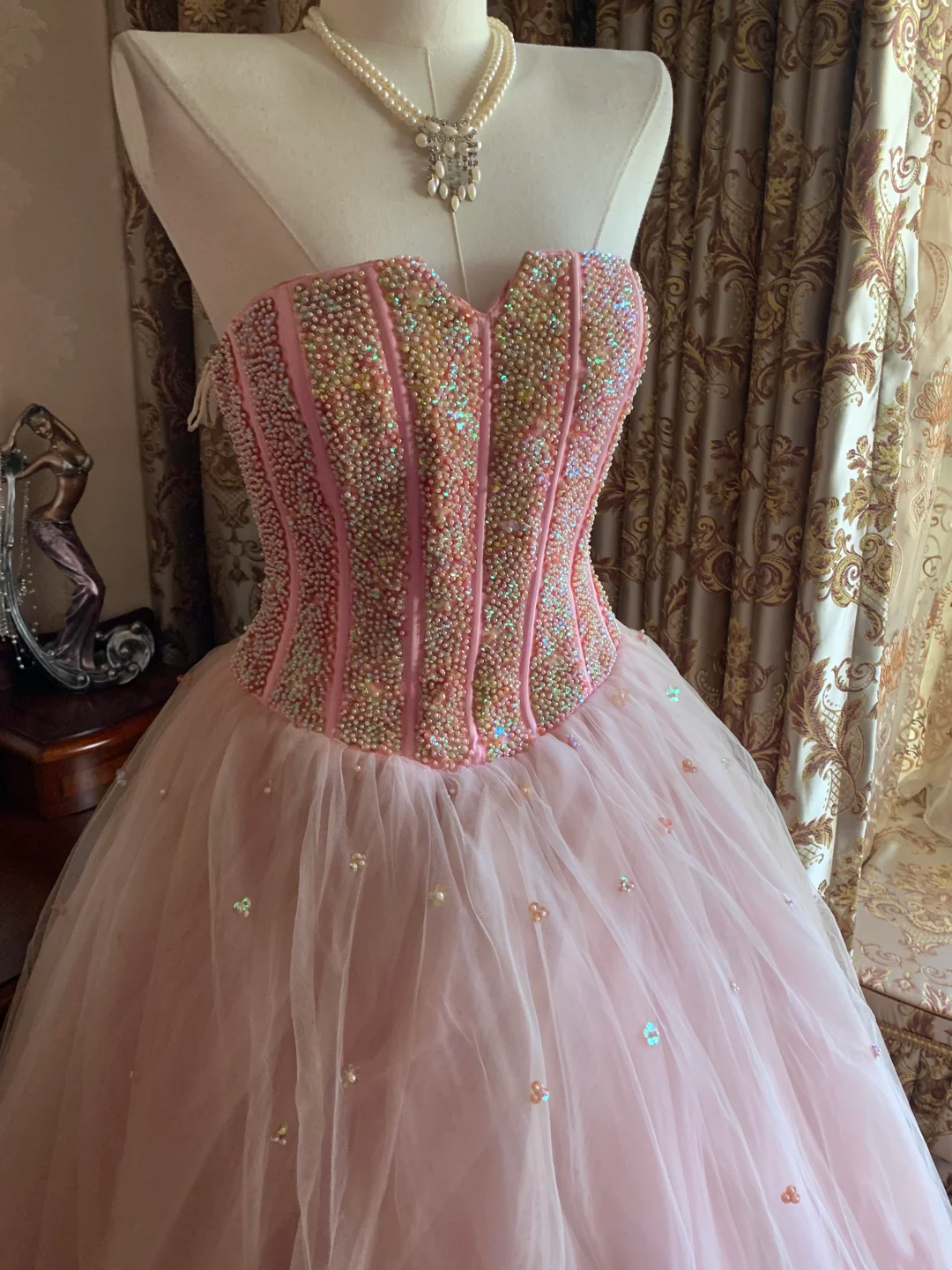 Light Pink Strapless Beaded Waist-Cinched Puffy Skirt Prom Dress, Birthday Party Gown gh7277