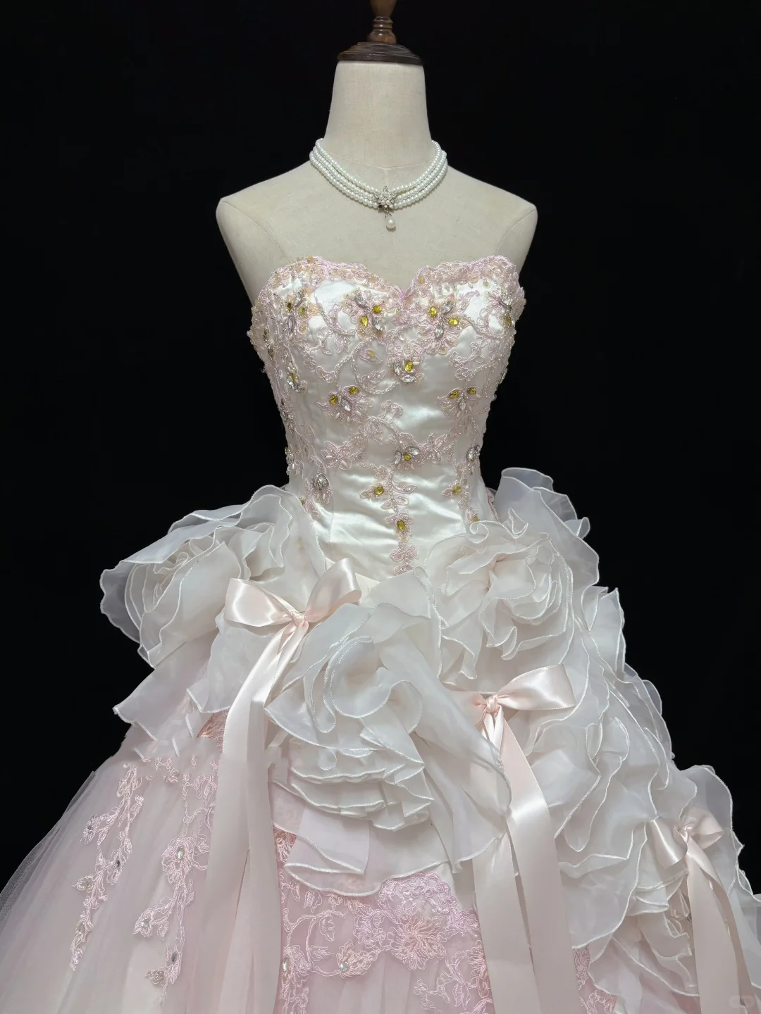 Blush Pink Strapless Gown With Floral Details & Voluminous Skirt, Luxury Romantic Wedding & Bridal Dress gh8186