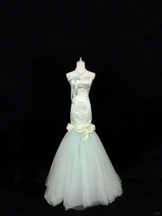 Light Green Strapless Cinched Waist Figure-Hugging Sexy Mermaid Skirt Long Romantic Dress, Wedding Gown gh7842