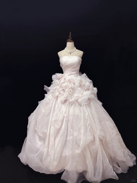 Blush Pink Strapless Cinched Waist Voluminous Tiered Skirt Long Romantic Dress, Wedding Gown gh7966