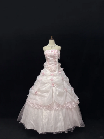 Blush Pink Strapless Vintage Luxury Romantic Gown With Floral Appliqués, Cinched Waist, Voluminous Tiered Skirt, Wedding Dress & Bridal Gown gh8101