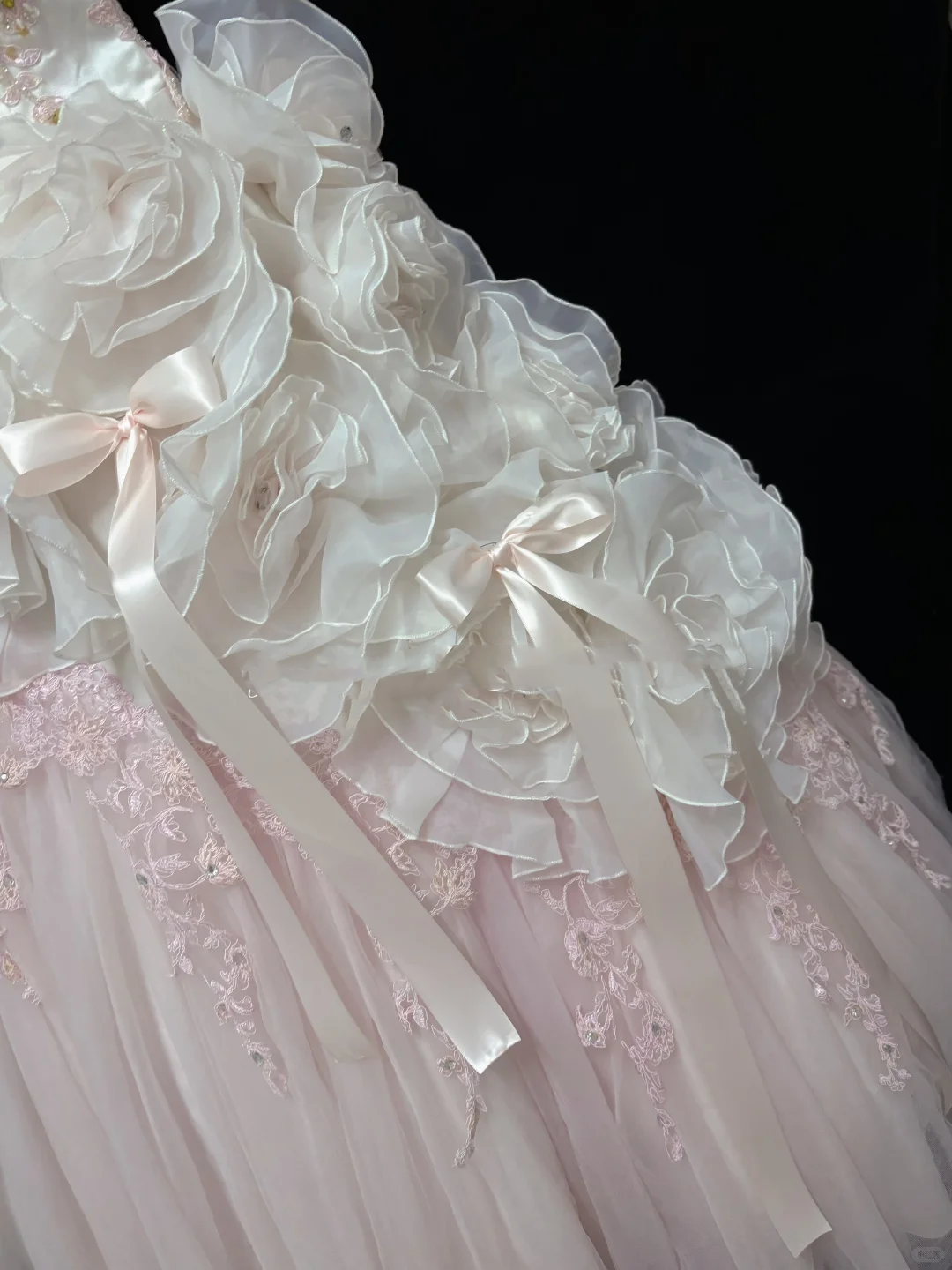 Blush Pink Strapless Gown With Floral Details & Voluminous Skirt, Luxury Romantic Wedding & Bridal Dress gh8186