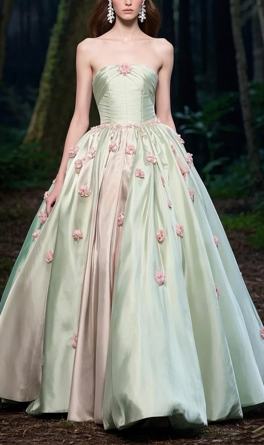 Robe de soirée longue en satin à fleurs vert et rose gh4787