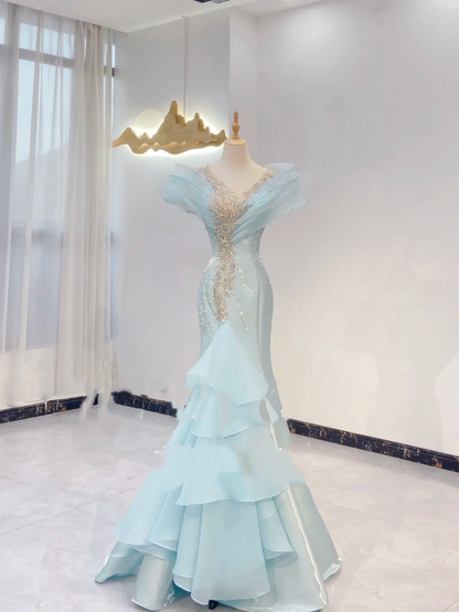 Light Blue Beaded Waist-Cinched Fitted Elegant Long Evening Dress, Fairy Gown, Romantic Gown gh7394