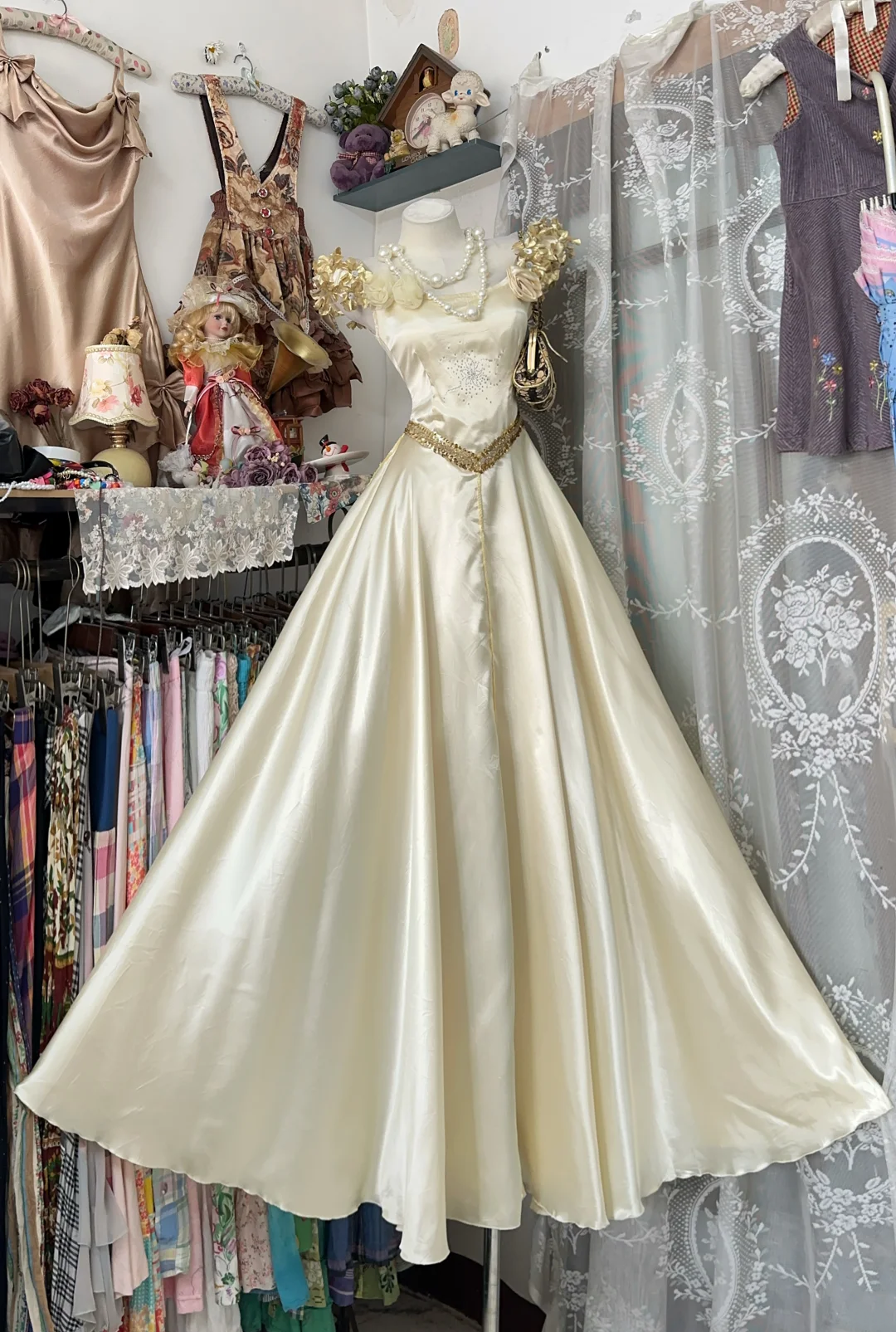 Ivory Vintage Fitted Waist Full Flare Skirt Prom Dress, Wedding Dress, Evening Gown gh7203