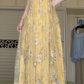 Golden Yellow Spaghetti Strap Evening Gown, Loose A‑Line Tulle Formal Dress With Silver‑Gold Floral Sequin Embroidery for Prom Banquet gh8950