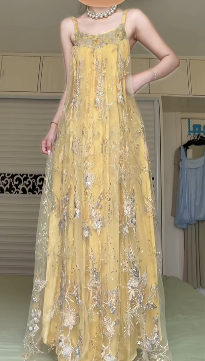Golden Yellow Spaghetti Strap Evening Gown, Loose A‑Line Tulle Formal Dress With Silver‑Gold Floral Sequin Embroidery for Prom Banquet gh8950