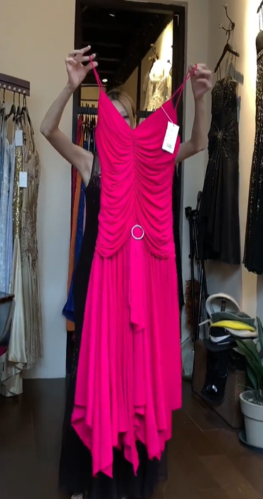 Hot Pink Spaghetti Strap Deep V Front Ruched Asymmetrical Tiered Ruffle Long Evening Prom Dress gh9789