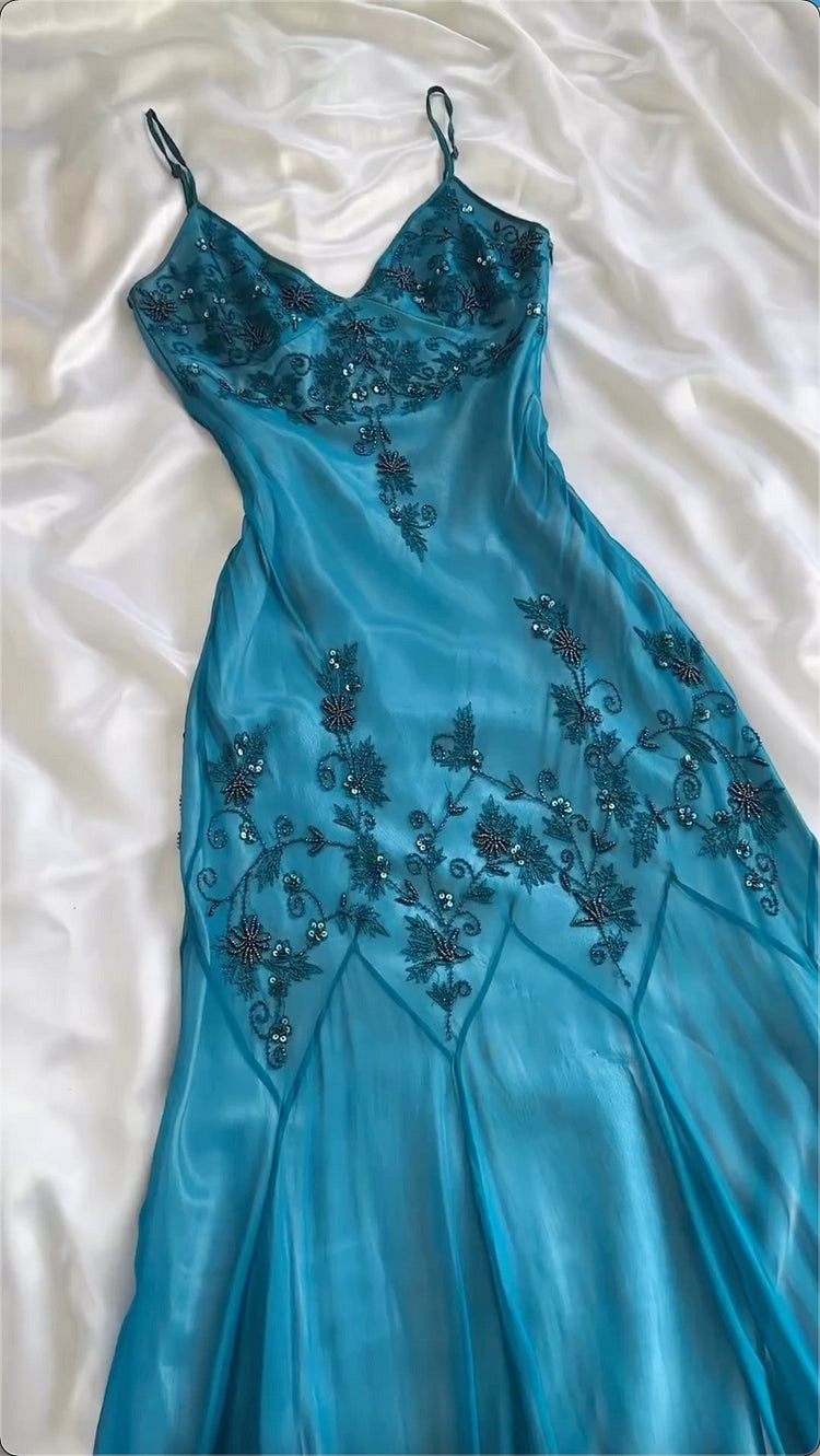 Blue shiny fashion exquisite beaded spaghetti strap long chiffon ball gown evening dress party dress gh3405