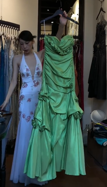 Strapless Apple Green Satin Prom Dress Draped Ruched 3D Floral Formal Evening Gown gh9807