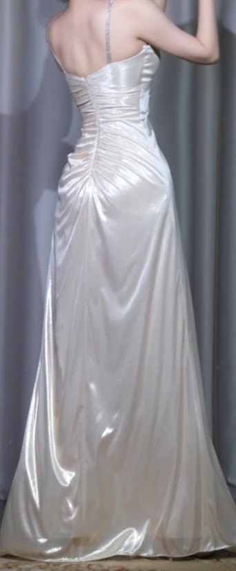 ✨Girlhomeshops-One Shoulder Satin Prom Dress, Champagne White Keyhole Cutout Rhinestone Long Evening Gown gh9949