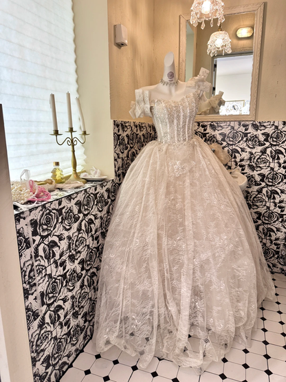 Ivory Bow Spaghetti Straps, Cinched Waist, Sequined Voluminous Skirt Long Romantic Dress, Wedding Gown gh7781