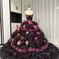 Schwarz Rosa Blumen Maximalismus Langes Tüll Ballkleid 16. Geburtstagskleid Quinceanera Kleid gh4739