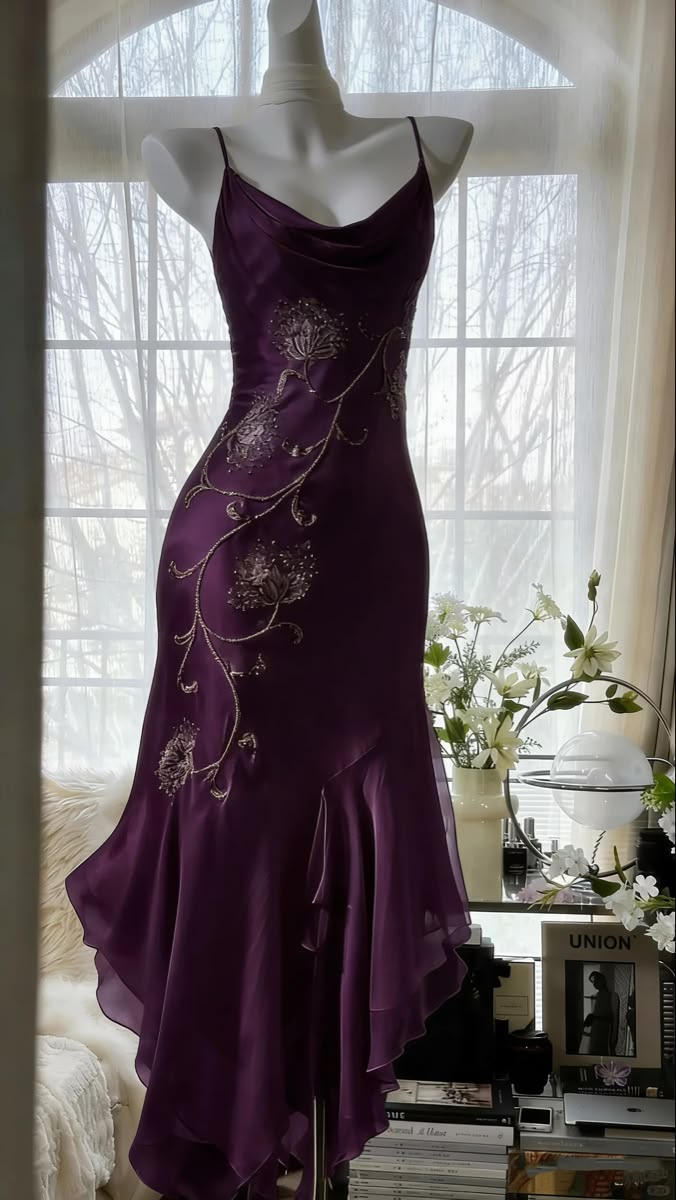 ✨Girlhomeshops-Deep Purple Cowl Neck Floral Beaded Satin Mermaid Formal Prom Gown gh10264