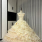 Gelbes, florales, perlenbesetztes, langes Tüll-Ballkleid zum 16. Geburtstag, Quinceanera-Kleid, gh4737