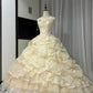 Gelbes, florales, perlenbesetztes, langes Tüll-Ballkleid zum 16. Geburtstag, Quinceanera-Kleid, gh4737