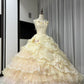 Gelbes, florales, perlenbesetztes, langes Tüll-Ballkleid zum 16. Geburtstag, Quinceanera-Kleid, gh4737