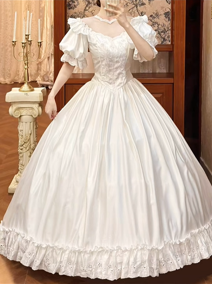 White Satin Vintage Illusion V‑Neck Puff Short Sleeve Lace Ruffle Fitted Waist Ball Gown Prom Dress, Wedding Dress gh8616