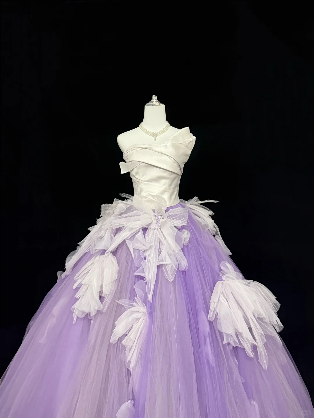 White Satin Strapless Cinched Waist Purple Voluminous Princess Skirt Romantic Dress, Wedding Gown gh7879
