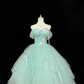 Light Lake Blue Off-the-Shoulder Cinched Waist Voluminous Skirt Long Romantic Dress, Wedding Gown gh7843