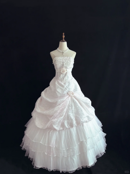 Blush Pink Strapless Romantic Gown, Fitted Waist, Lace Fabric, Fluffy Bud Skirt, Wedding Dress & Bridal Gown gh8187