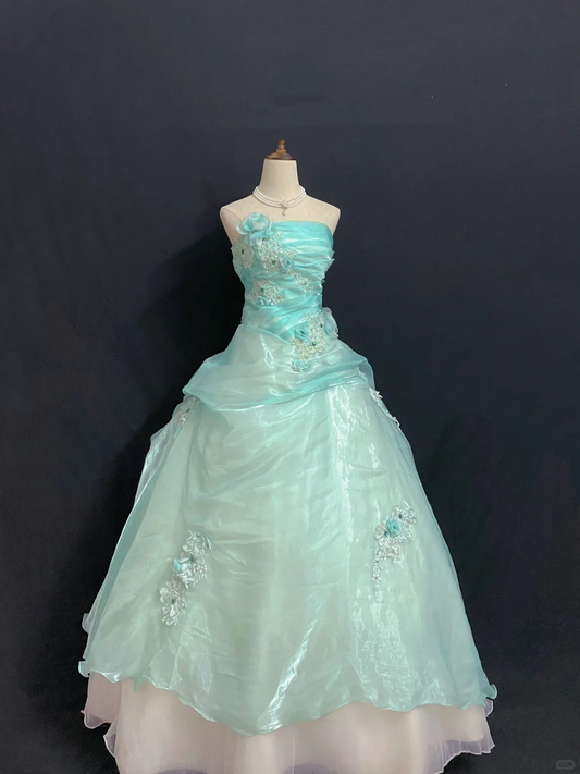 Lake Blue Strapless Long Romantic Gown with Fitted Waist and Fluffy Princess Skirt, Wedding Dress & Bridal Gown gh8328