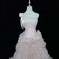 Blush Pink One-Shoulder Strap Cinched Waist Tiered Skirt Long Romantic Dress, Wedding Gown gh7967