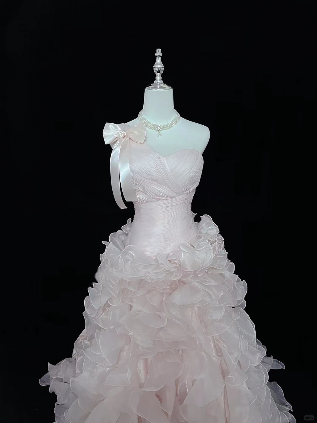 Blush Pink One-Shoulder Strap Cinched Waist Tiered Skirt Long Romantic Dress, Wedding Gown gh7967