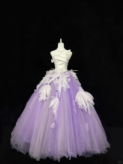 White Satin Strapless Cinched Waist Purple Voluminous Princess Skirt Romantic Dress, Wedding Gown gh7879