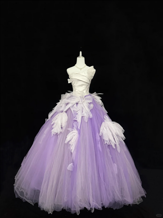 White Satin Strapless Cinched Waist Purple Voluminous Princess Skirt Romantic Dress, Wedding Gown gh7879