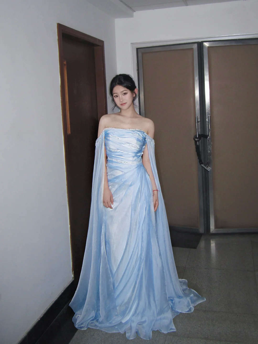 Light Blue Off-Shoulder Waist-Cinched Fitted Elegant Long Evening Dress, Fairy Gown, Romantic Gown gh7475